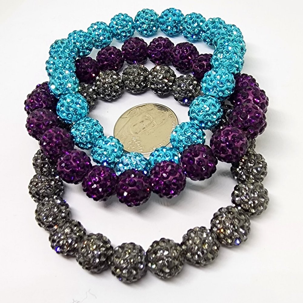 Aqua Blue, Royal Purple, Smoke Gray Bling Beaded Ball Stretch Bracelets (3)